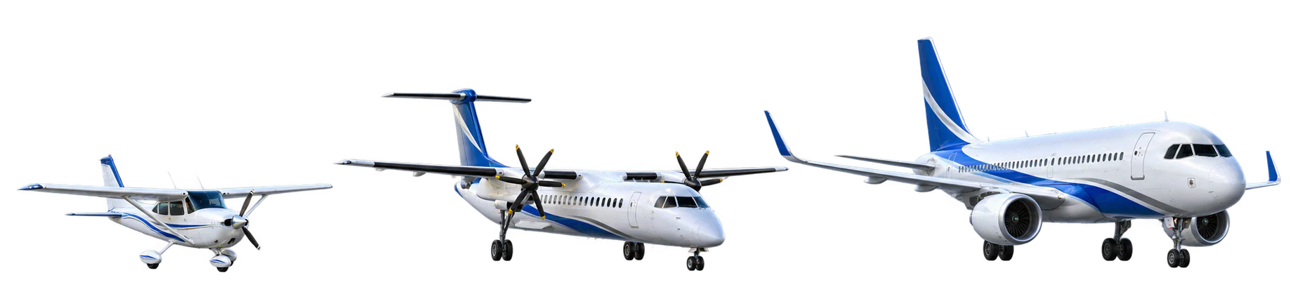 A Cessna 172, a regional twin-turboprop and a commercial twin-engine jet shown in increasing scale
